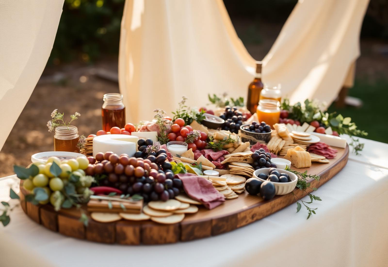 Styled grazing table with charcuterie, cheeses and honey in an outdoor garden setting